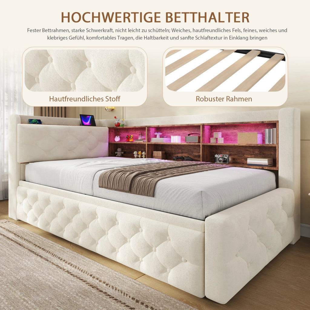 Divano letto estraibile 90 × 190 cm con bracciolo contenitore; LED; USB e Type-C; velluto beige; rete a doghe
