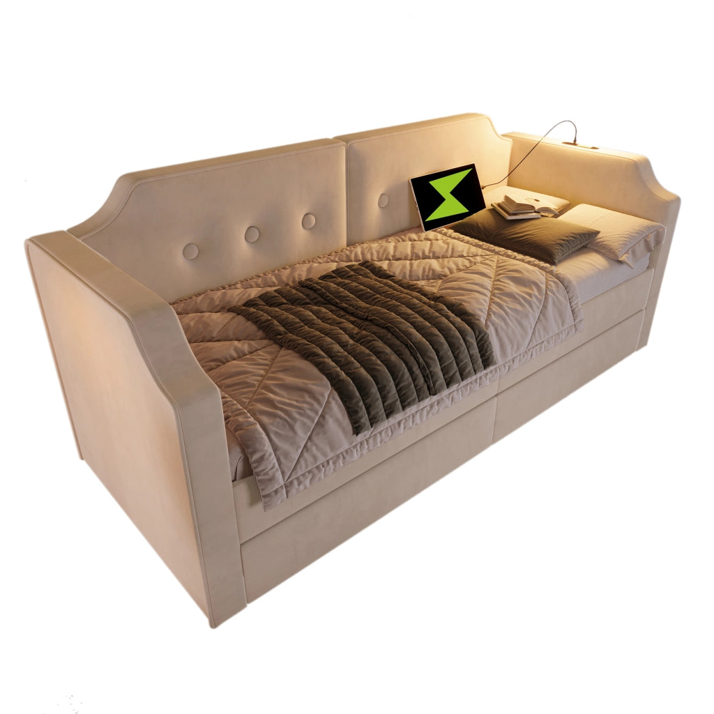 Letto singolo imbottito 90 ¡Á 200 cm in velluto beige con cassetti luce da lettura USB Type-C rete a doghe