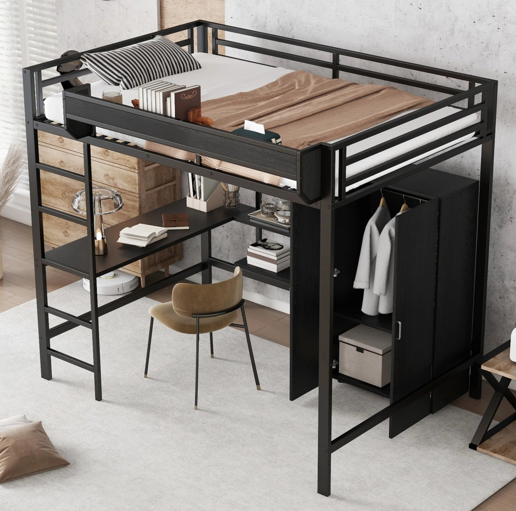 Letto a soppalco 140x200 cm con scrivania e armadio nero