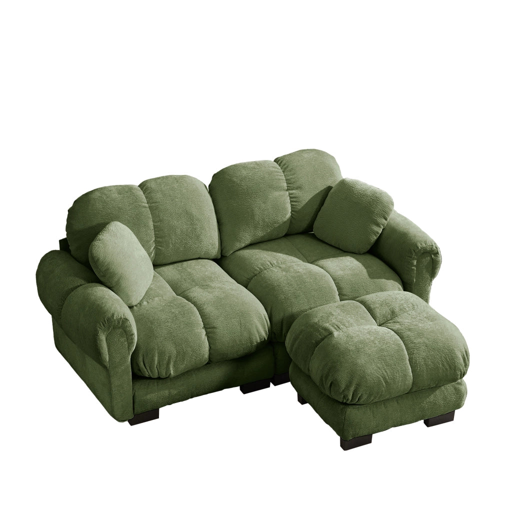 Divano angolare modulare 2 posti in chenille verde con pouf mobile e cuscini spessi