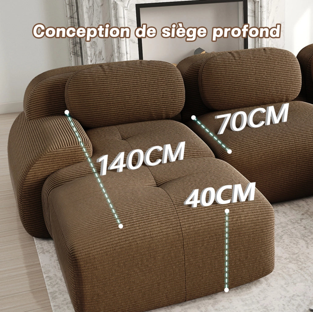 Divano 2 posti in tessuto a coste marrone, modulare senza struttura con braccioli ergonomici e imbottitura ad alta elasticità