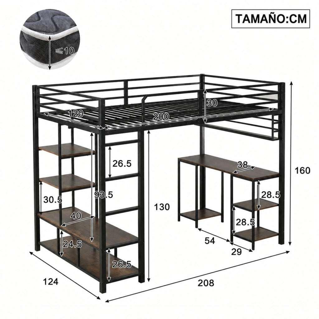 Letto a soppalco per bambini 120 × 200 cm con scrivania ripiano scala a 4 gradini metallo nero noce scuro