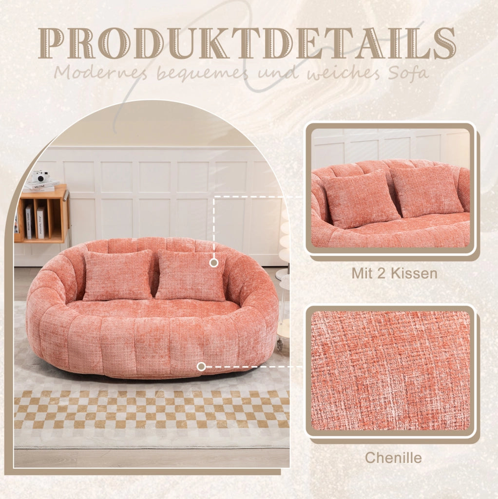 Divanetto ULEVR in ciniglia rosa con imbottitura in schiuma, braccioli e seduta ampia, 150x95x63 cm
