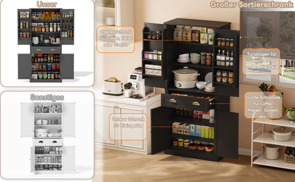 Armadio contenitore nero 182 cm con 4 ante, 1 cassetto e ripiani regolabili per cucina e soggiorno