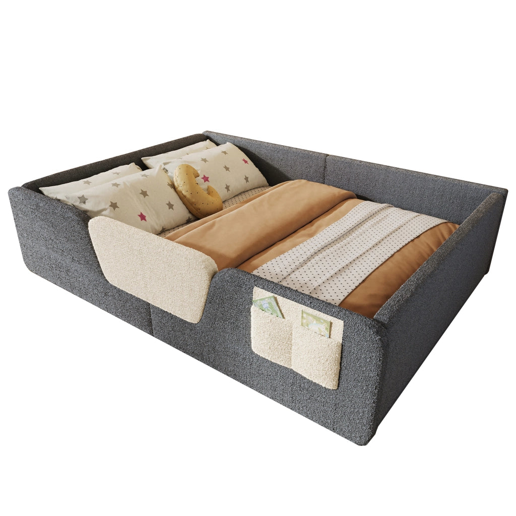 Letto a terra 140 x 190 cm con sponde di sicurezza rimovibili, letto matrimoniale con tasca in tessuto integrata, velluto grigio, rete a doghe inclusa