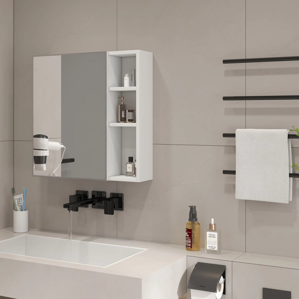 Armadietto da bagno sospeso con anta a specchio in vetro di sicurezza e vani interni in MDF bianco