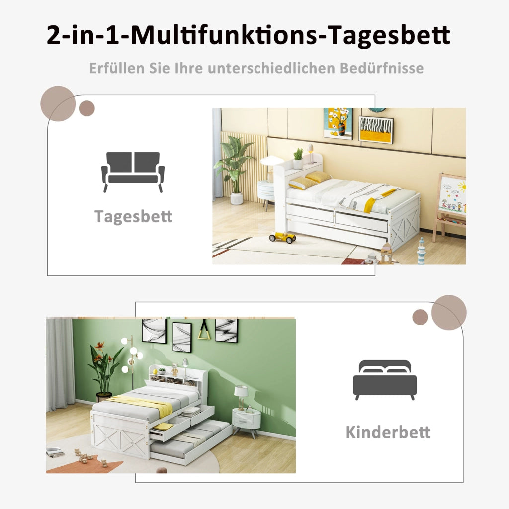 Letto con letto estraibile 90 × 190 cm con 2 cassetti comodino con vano e USB in legno bianco con rete a doghe