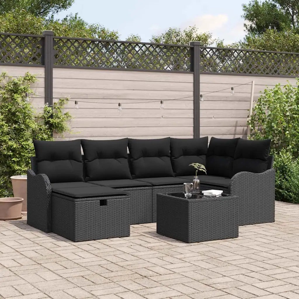 Set Divano da Giardino con cuscino 7 pcs Nero Poly Rattan