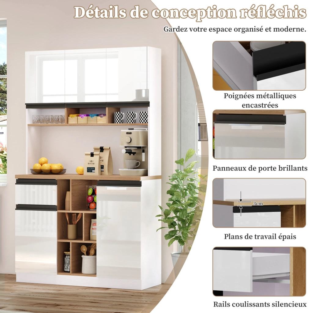 Credenza da cucina in MDF bianco lucido 105 × 45 × 185 cm con cassetto e ripiani regolabili
