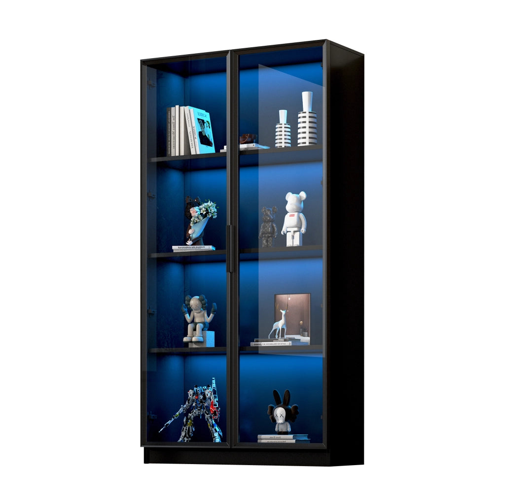 Vetrina in truciolato con porte in vetro e illuminazione LED controllabile tramite app, 80x40x160 cm, mobile alto per soggiorno nero