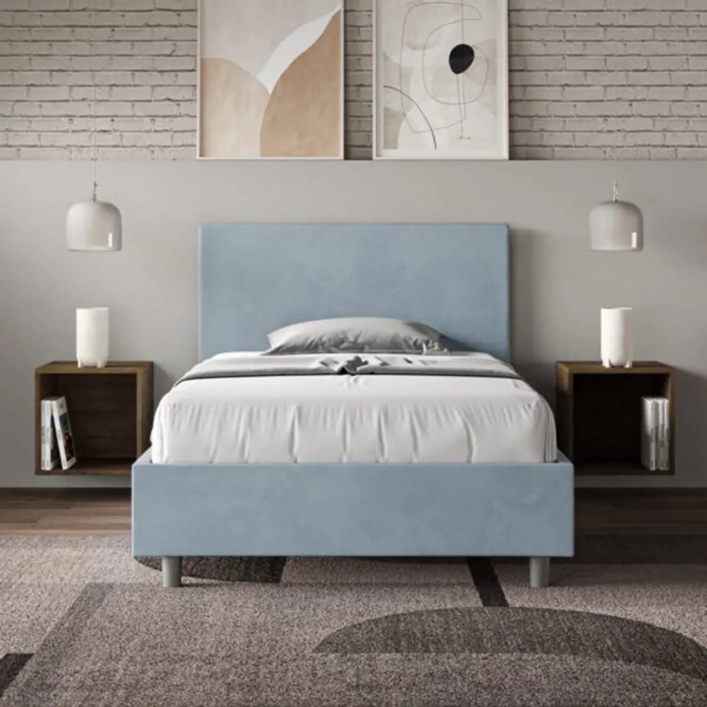 Letto una piazza e mezza contenitore imbottito 120x200 microfibra azzurro Adele