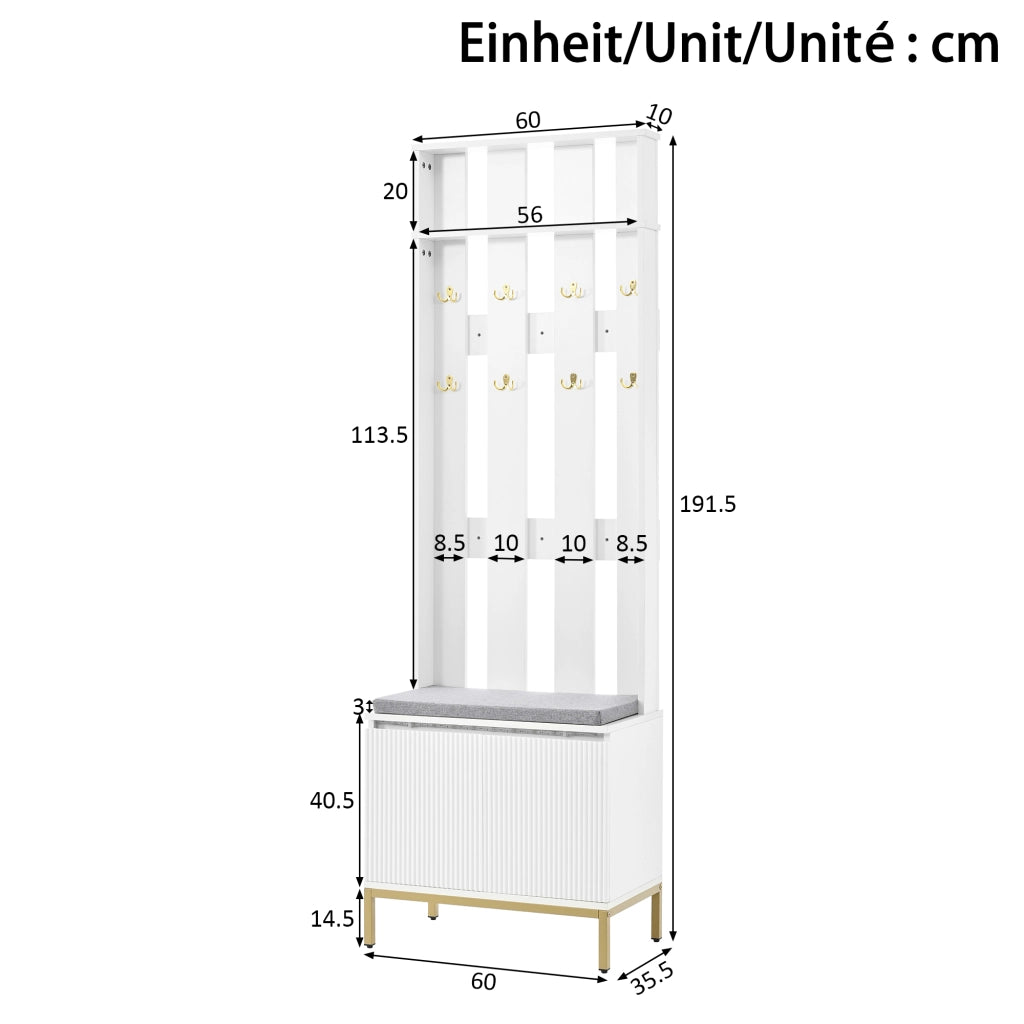 Set di mobili da ingresso con scarpiera; panca; appendiabiti con ganci e illuminazione LED bianco