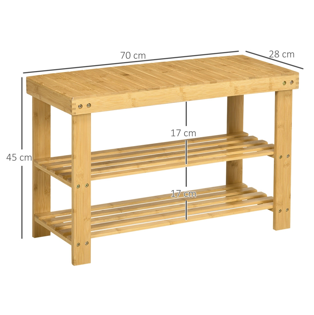 Panca portascarpe in bambù naturale 70 x 28 x 45 cm, 3 ripiani salvaspazio
