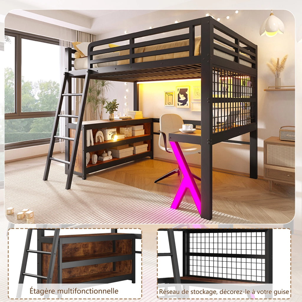 Letto a Soppalco 140x200 cm con Scrivania; LED; Scala e Sponde; Nero