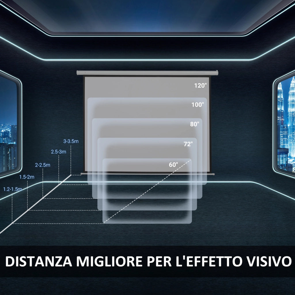 Telo Proiettore 100 Pollici con Telecomando, in PVC e Metallo, 247x7.5x168 cm, Bianco