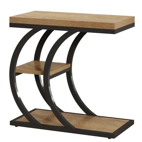 Tavolino laterale a C a 3 ripiani in metallo e legno Nero/Marrone; 60 x 30 x 58 cm