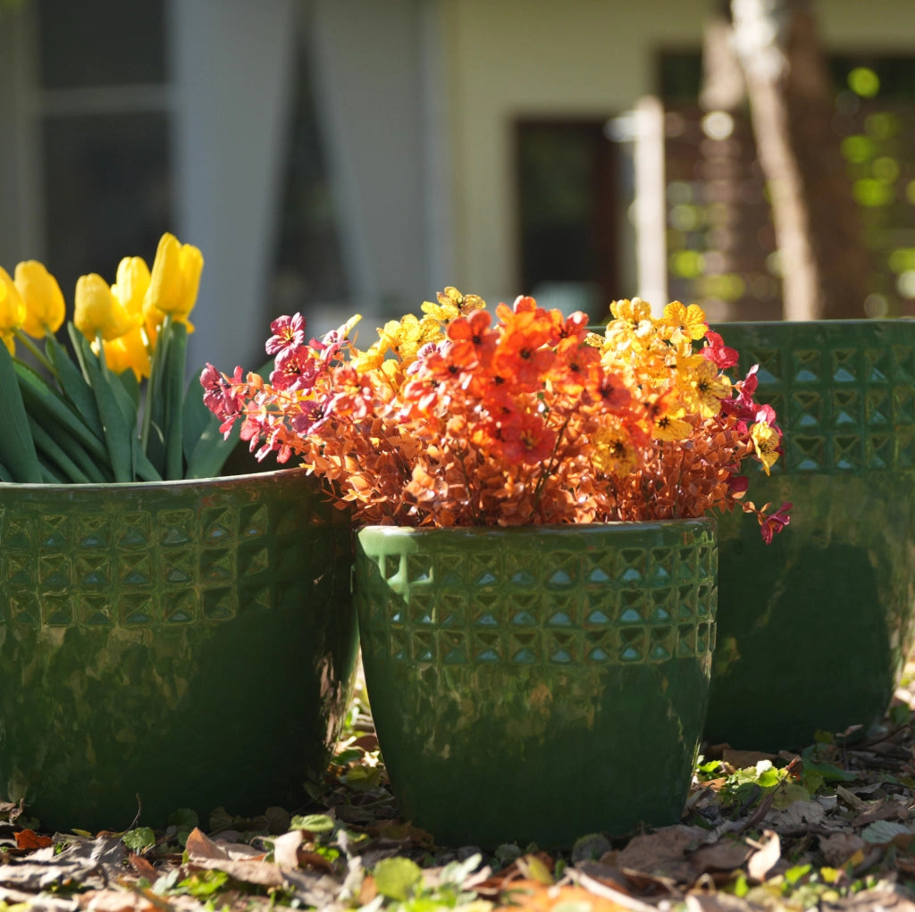 Set di 3 Vasi in Ceramica Artigianali con Foro di Drenaggio Ø 38,1/30,5/22,9 cm, Motivo Verde per Piante da Interno ed Esterno