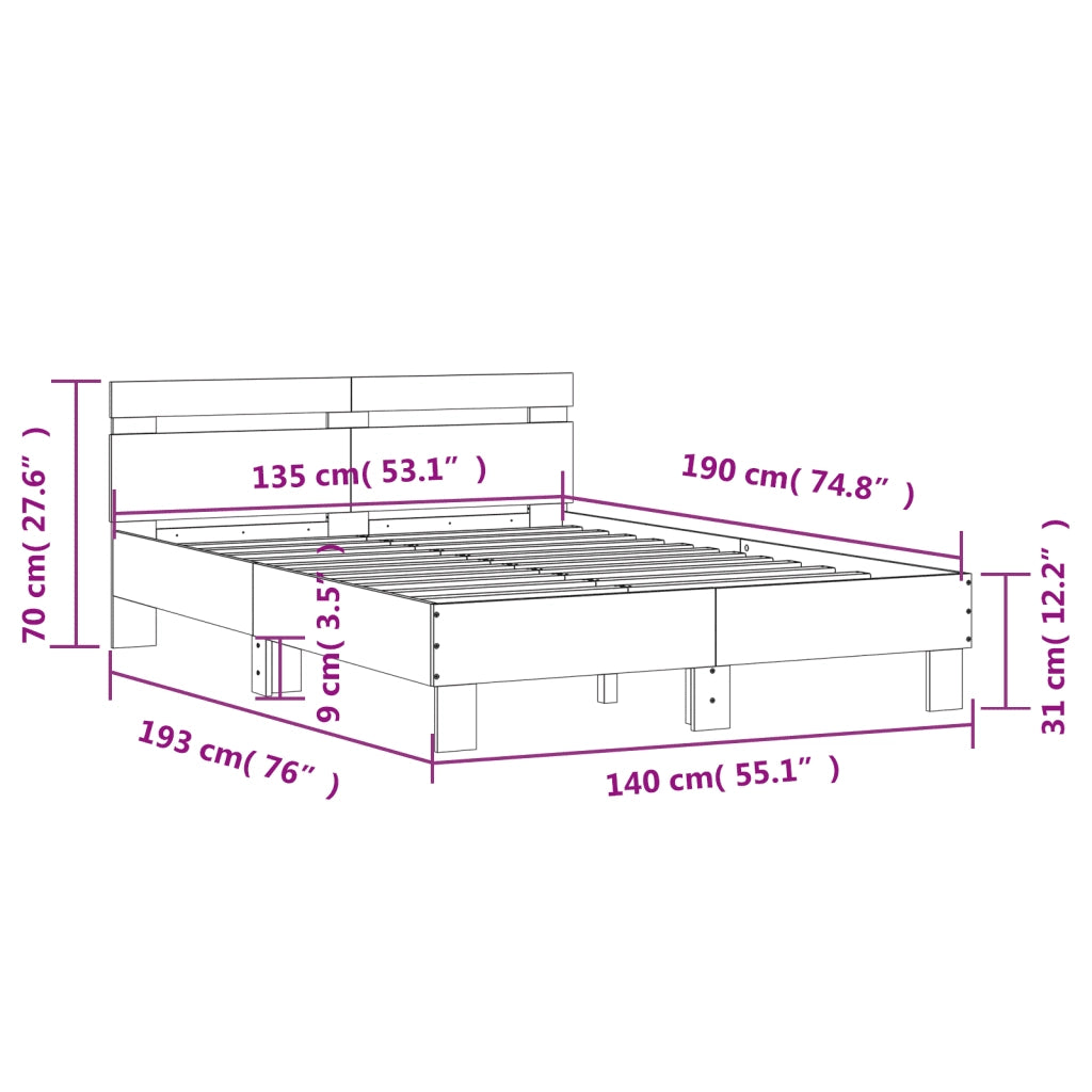 Letto matrimoniale | Letto per adulti | Giroletto con Testiera Rovere Fumo 135x190 cm Legno Multistrato
