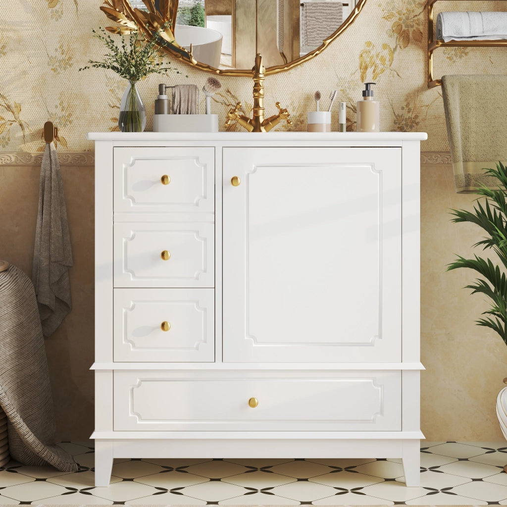Mobiletto con lavabo in ceramica antibatterica 3 cassetti anta con ripiano MDF bianco 76.5 × 47 × 87.5 cm