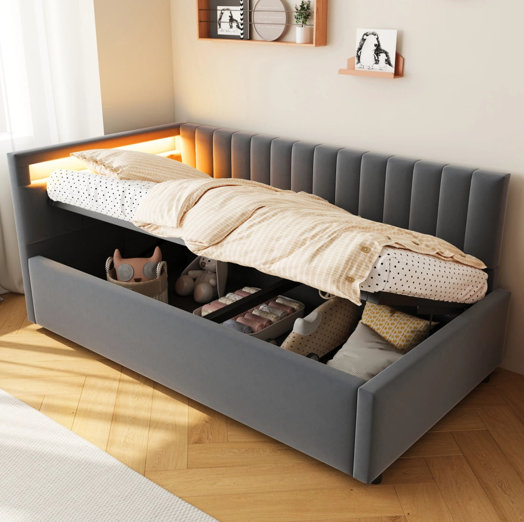 Letto divano imbottito 90x200 cm con illuminazione LED e vano contenitore idraulico, tessuto in velluto grigio, design classico a righe verticali