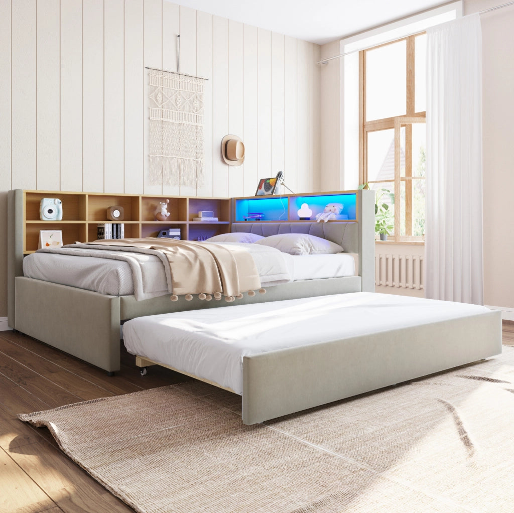 Letto multifunzione con estraibile, LED e prese, grigio
