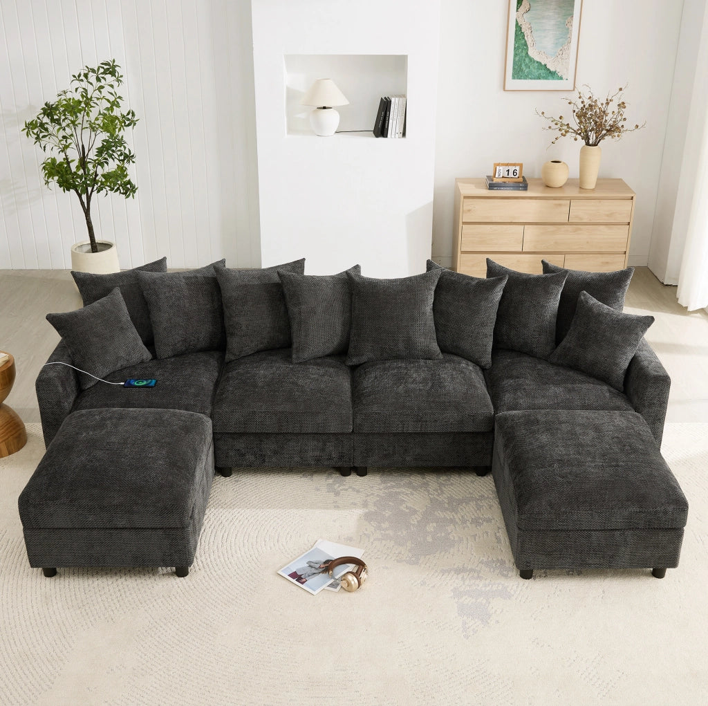 Divano angolare modulare 6 posti a U/L in chenille grigio con 2 pouf e ricarica USB/Type-C HOMVRA