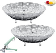 Stomatore per verdure, 2 pezzi di vapore, regolabile, vapore per pentola, vapore per verdure, pentola con tenaglia per verdure, pentole e accessori, in acciaio inox, argento