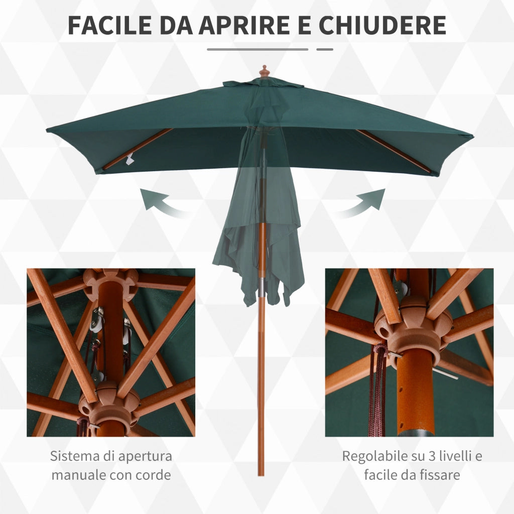 Ombrellone da Giardino 2x1.5 m Inclinabile con Palo in Legno 6 Stecche e Apertura a Corda, Verde