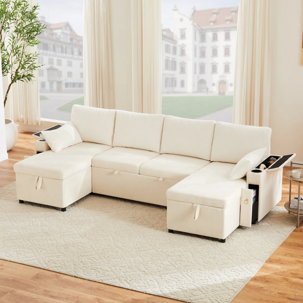 Divano letto modulare a U 4 posti con contenitore e portabevande in chenille beige