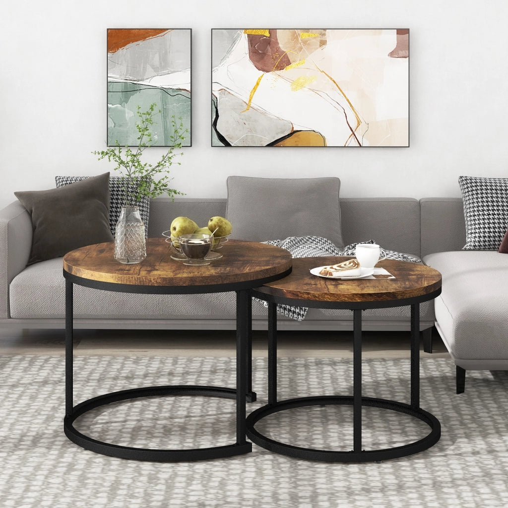 Set di 2 tavolini da salotto rotondi impilabili in MDF effetto legno marrone