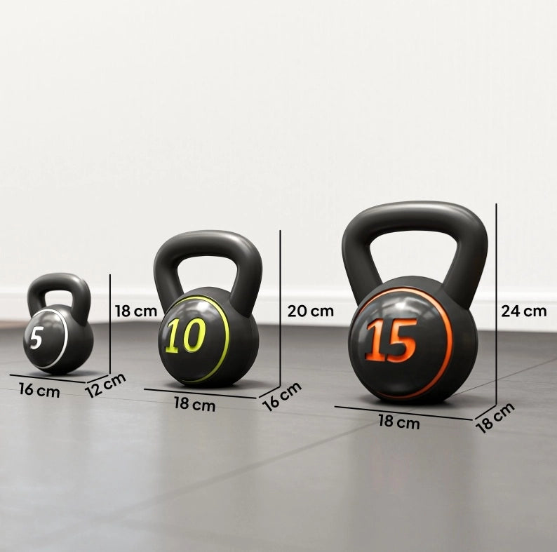 Set 3 kettlebell ULEVR da 2,2 kg, 4,5 kg e 6,8 kg con rivestimento in plastica nero e base piatta