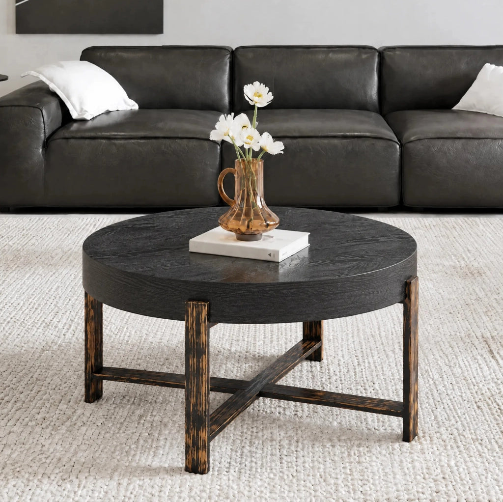 Tavolino laterale rotondo ? 68 cm in MDF e metallo nero con base a croce