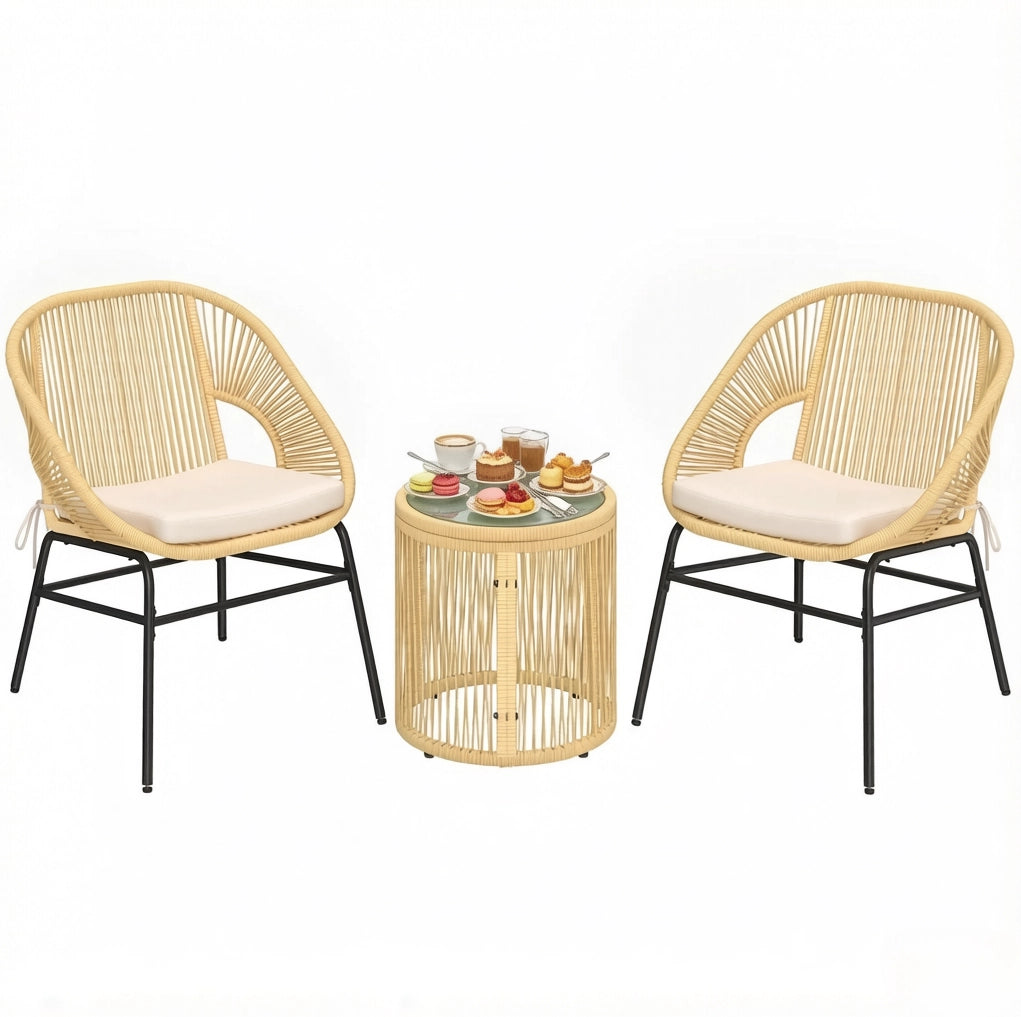 Set balcone beige con 2 poltrone e tavolo rotondo