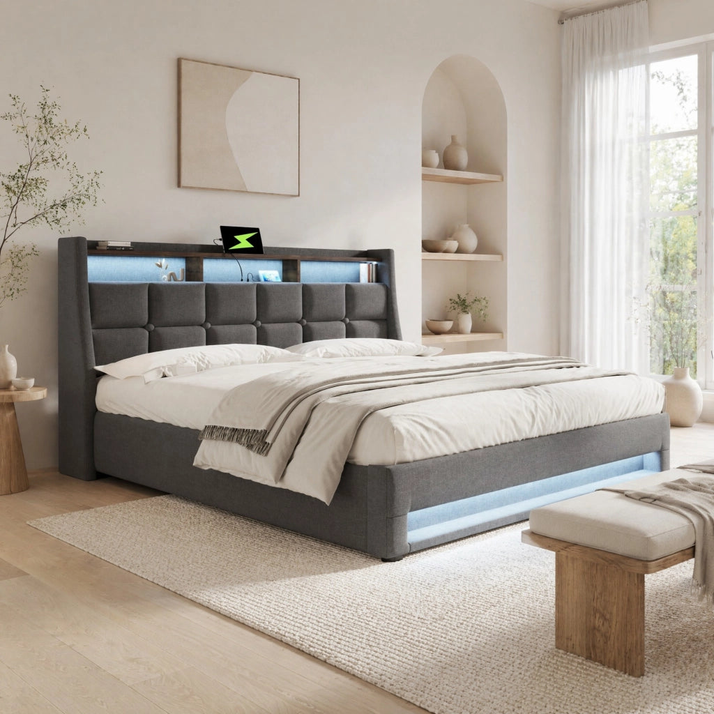 Letto imbottito 160 x 200 cm grigio con LED, USB e contenitore