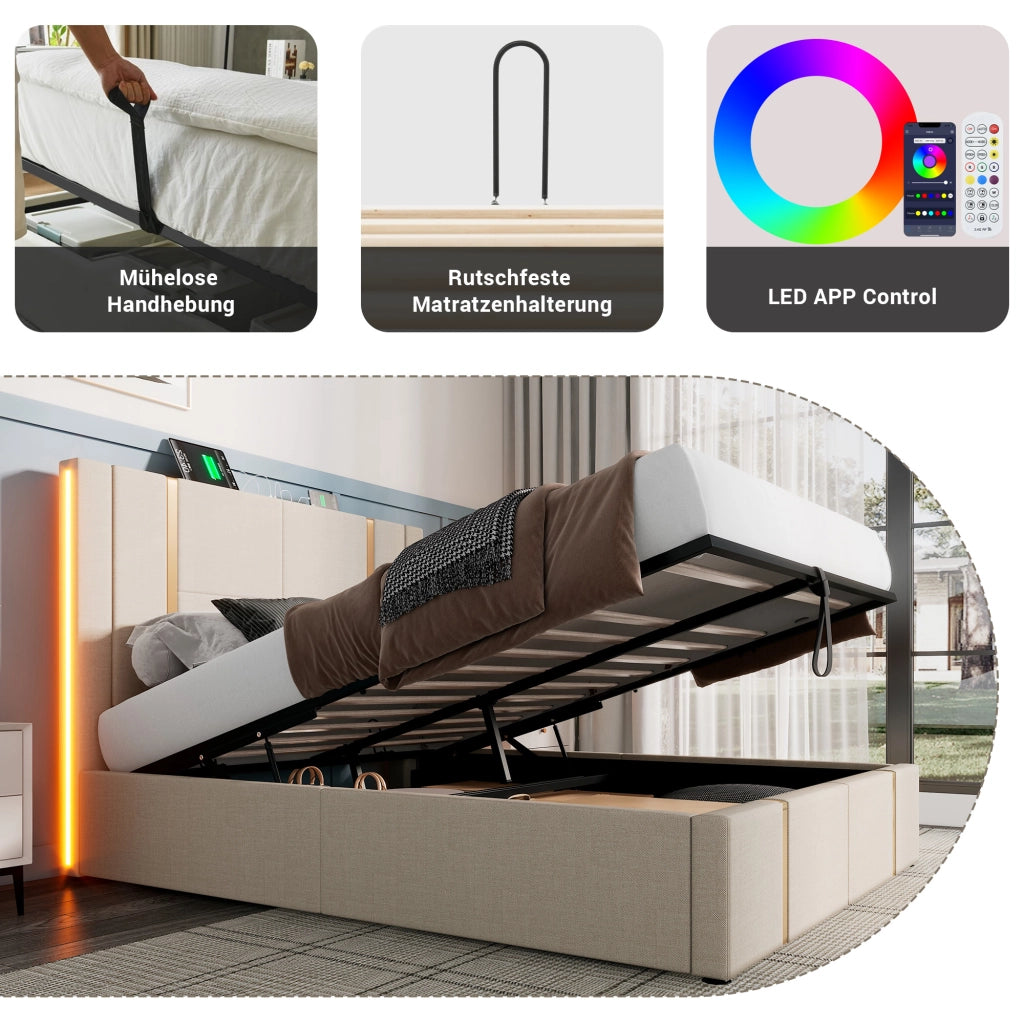 Letto Contenitore 160x200 cm; Letto Matrimoniale - USB; Type-C; LED - in Lino Beige