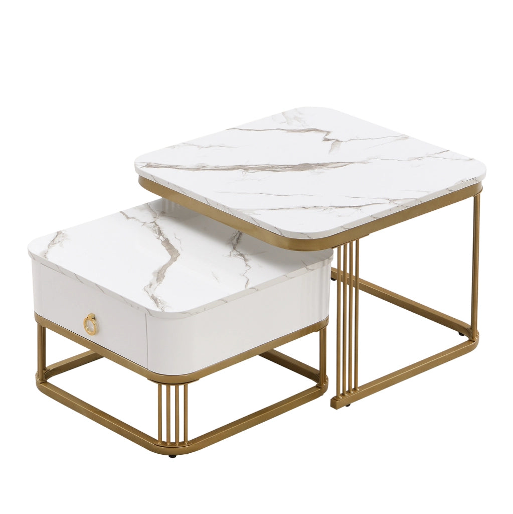Set di Tavolini Impilabili con Aspetto Marmo Lucido e Accenti Dorati, Tavolino con Cassetto, Bianco e Oro