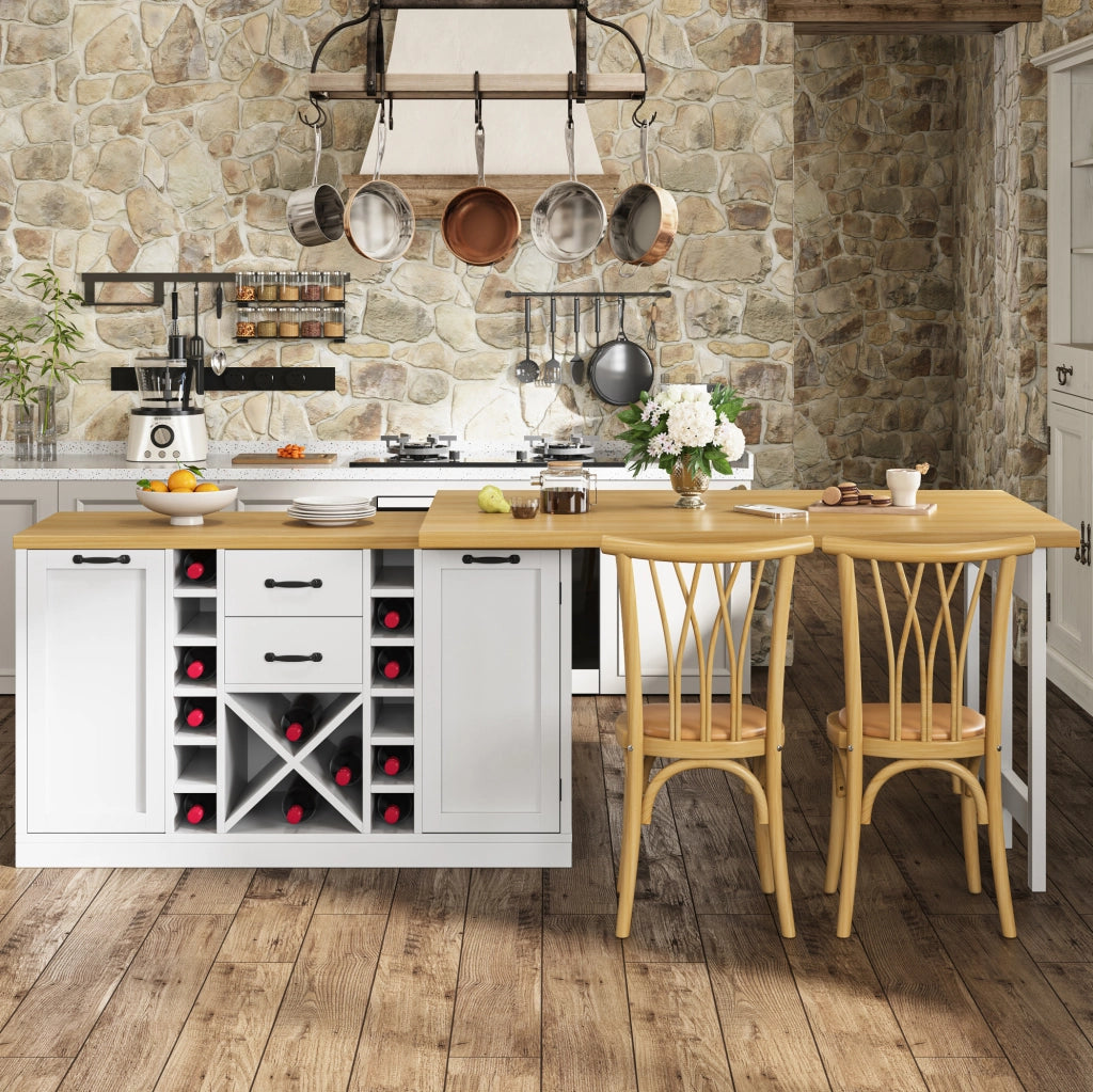 Isola cucina girevole 360° con tavolo 120-223x40x73;8 cm; MDF bianco e metallo
