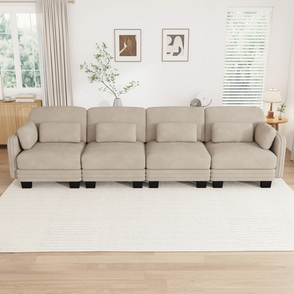 Divano modulare lineare 4 posti in chenille con cuscini mobili; 330x88x88 cm; caff猫 chiaro