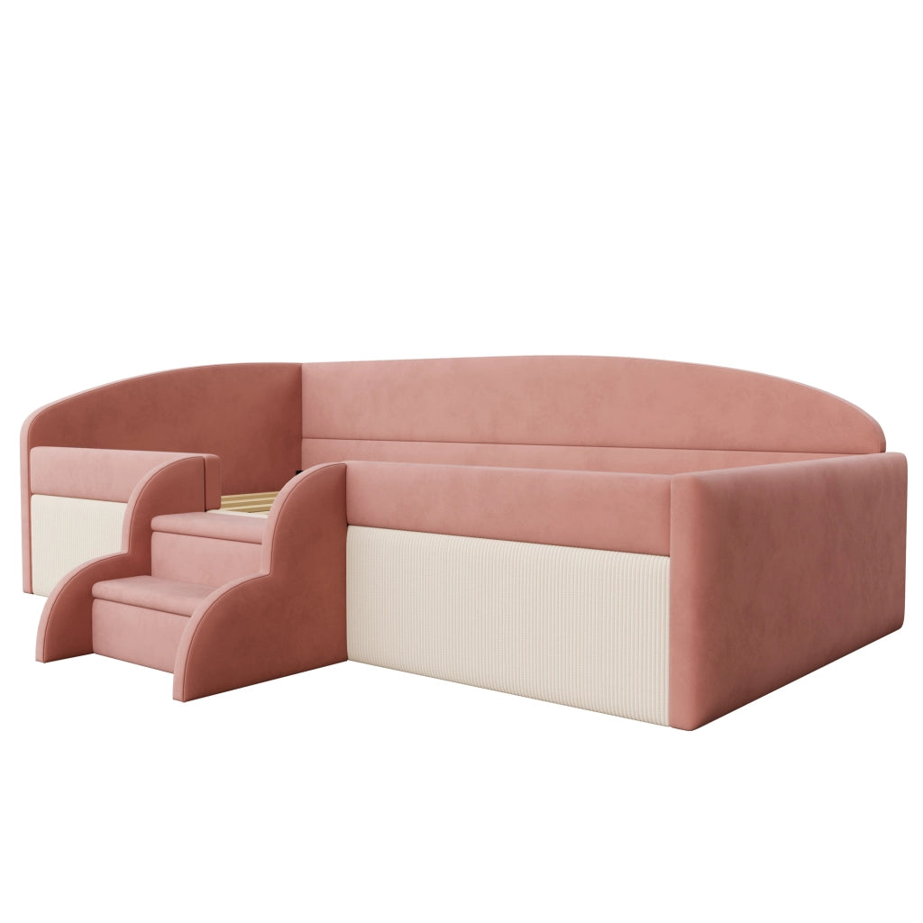 Letto imbottito 90 × 190 cm con sponde laterali; gradini doppi antiscivolo; rete a doghe e rivestimento in velluto