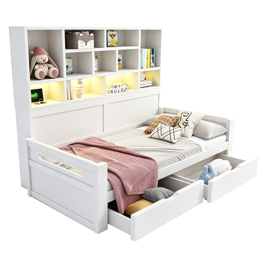 Letto con cassetti 90 × 200 cm con testiera a ripiani LED e prese elettriche in MDF bianco