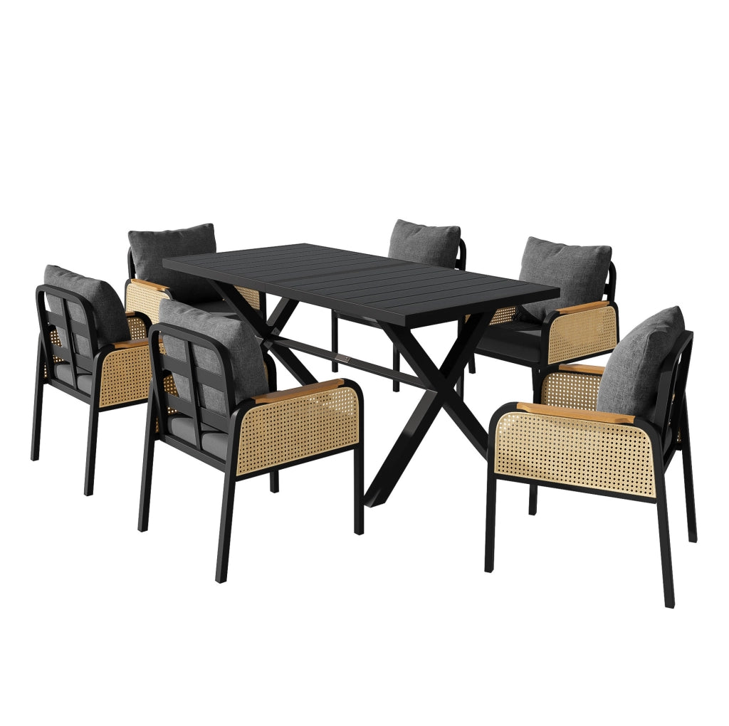 Set da Giardino Moderno con Tavolo in Plastica Legno e 6 Sedie con Struttura in Ferro e Cuscini
