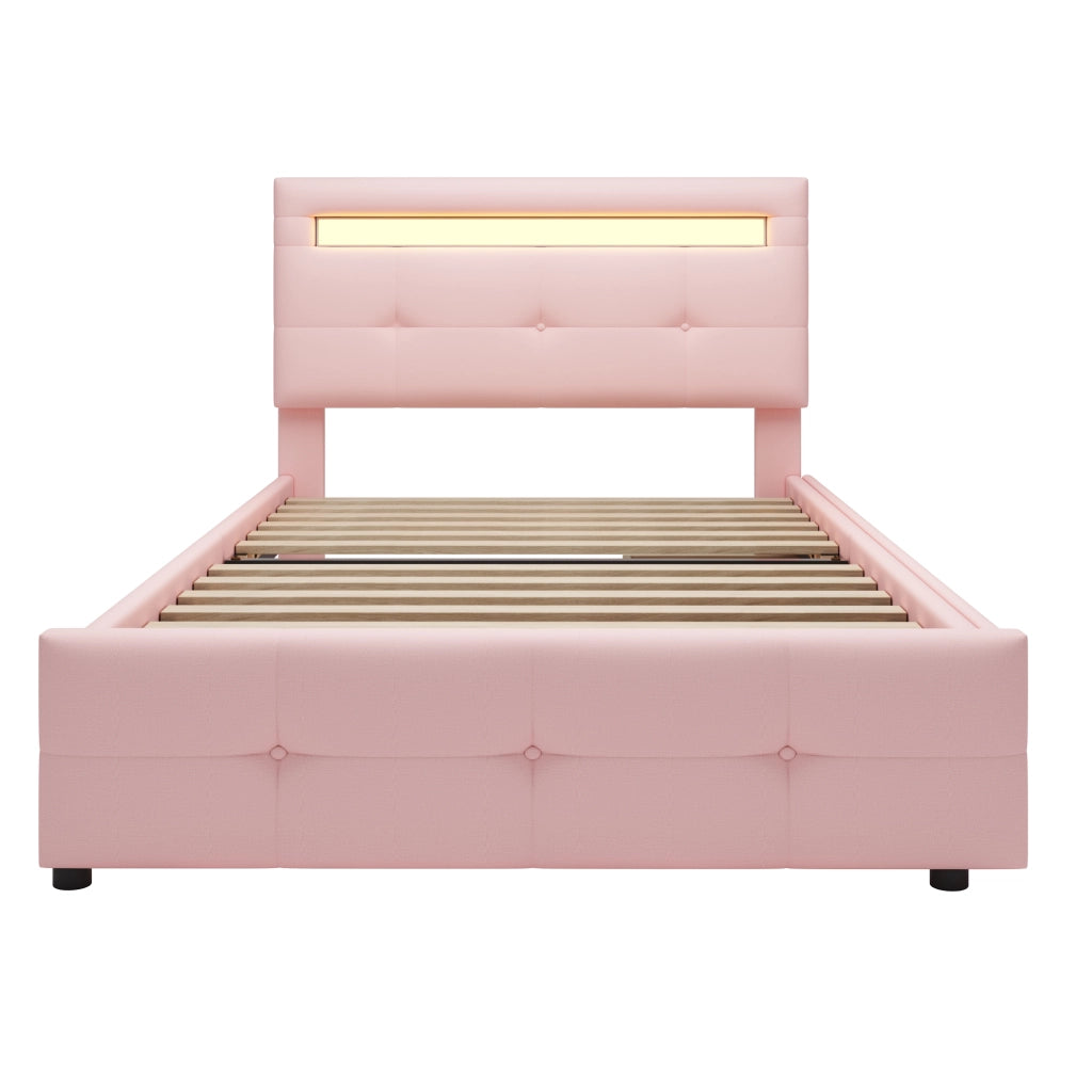 Letto Singolo 90x200 Imbottito Rosa con Luci LED e 2 Cassetti