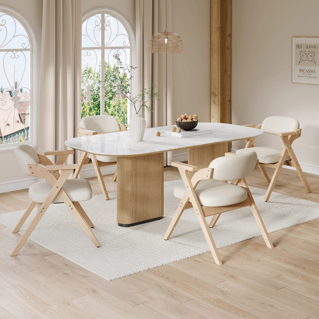 Set di 2 sedie pieghevoli da pranzo in legno massello beige con braccioli salvaspazio
