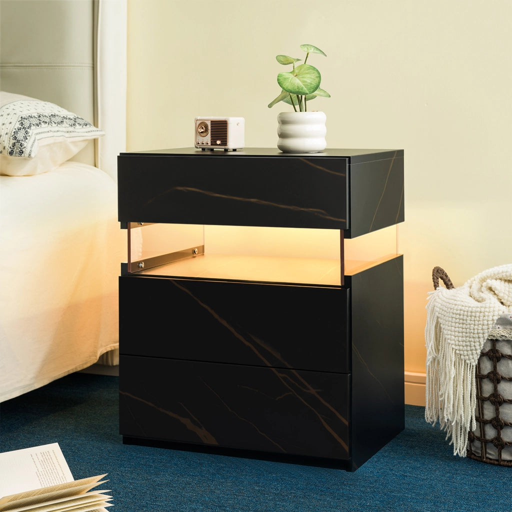 Comodino con 3 cassetti, LED RGB e pannello in acrilico, per camera da letto e soggiorno, nero e oro, 60 × 46 × 22 cm