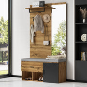 Set guardaroba 190 cm in effetto legno con specchio, panca imbottita 104 x 39 cm, armadietto scarpe, cassetto, mensola e appendiabiti
