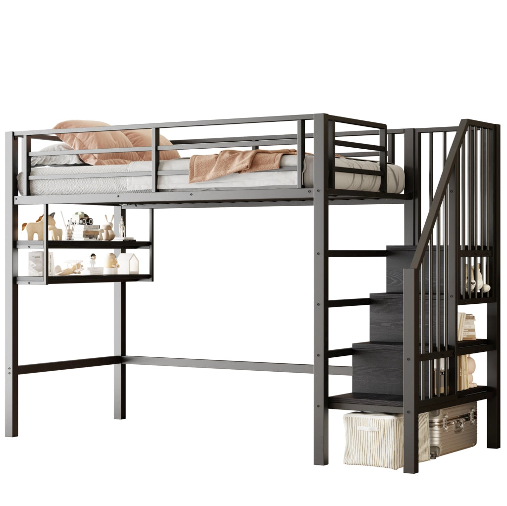 Letto a soppalco 90x200 cm con ripiani e scala contenitore in metallo e MDF nero
