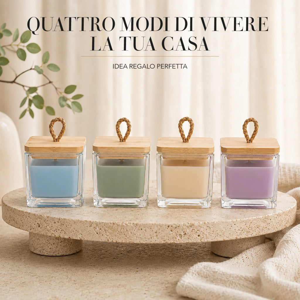 Set 4 Candele Profumate in Vasetto di Vetro con Coperchio in Bamboo, 4 x 12 Ore, Fragranze Assortite per Casa e Idea Regalo, Pioggia di Ginepro, Loto e Salvia Bianca, Patchouli e Vaniglia, Rosa e Anice Secchi
