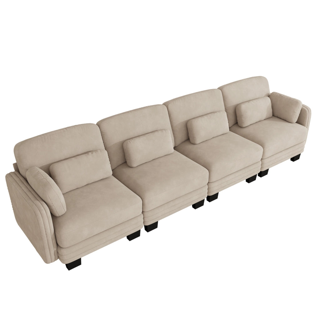 Divano modulare lineare 330x88x88 cm con cuscini in tessuto chenille marrone chiaro