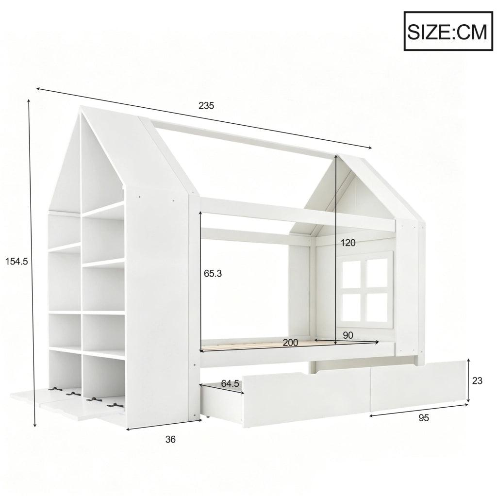 Letto a casetta per bambini 90x200 cm bianco con LED e cassetti