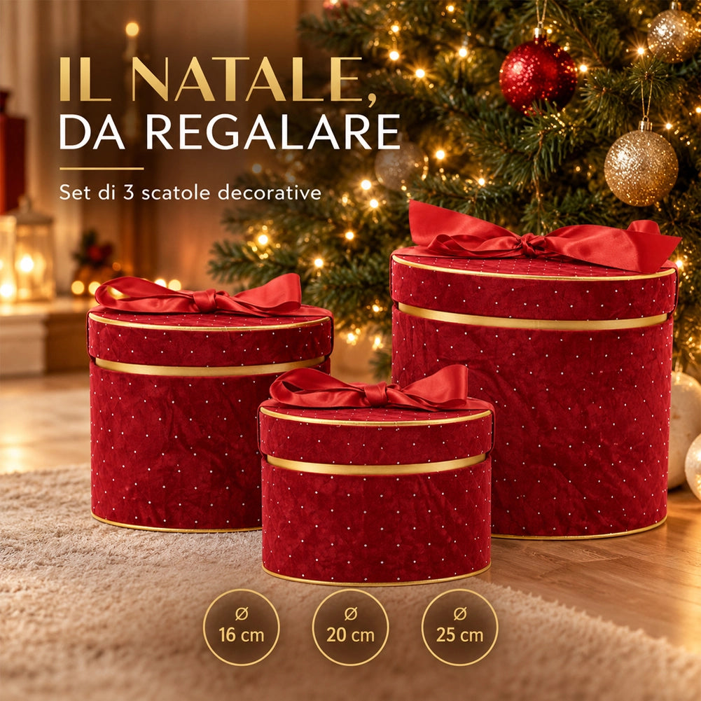 Set 3 Scatole Ovali Decorazione Natalizia Bordeaux 16/20/25cm Scatola con Fiocco